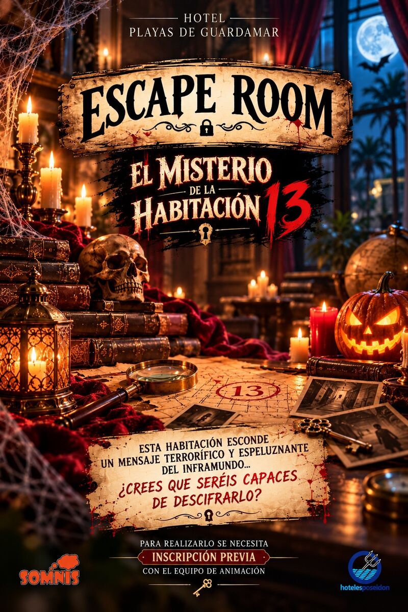 Poster for the escape room “The Mystery of Room 13” at Hotel Playas de Guardamar: candles, a skull, a pumpkin and a map marked with the number 13. “This room hides a terrifying, spine-chilling message from the underworld… do you think you can decipher it?” Prior registration with the entertainment team is required.